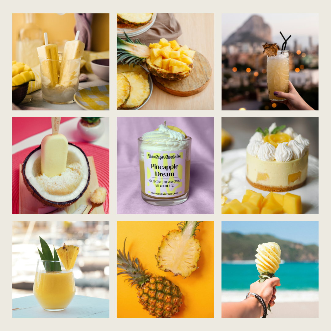 Collage of pineapple-themed images including drinks, desserts, and products.