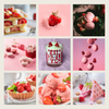 Collage of strawberry-themed desserts and a candle on a pink background
