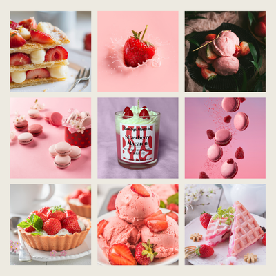 Collage of strawberry-themed desserts and a candle on a pink background