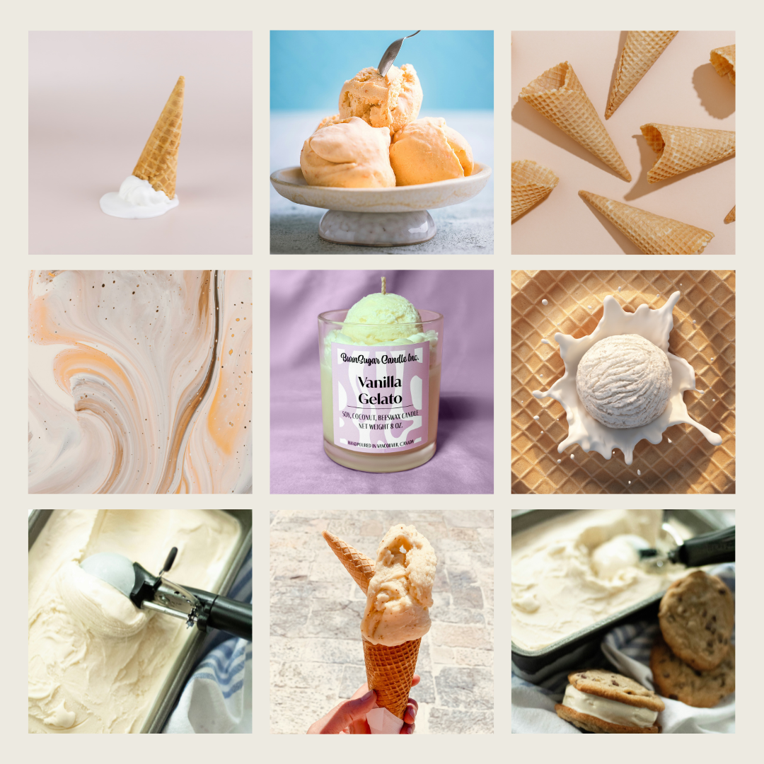Collage of images featuring vanilla gelato, ice cream cones, and packaging.