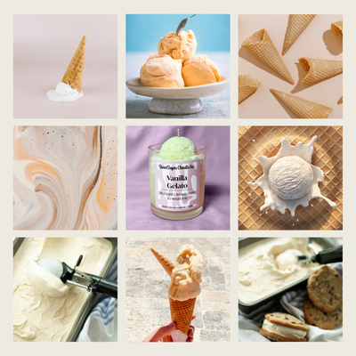 Collage of images featuring vanilla gelato, ice cream cones, and packaging.