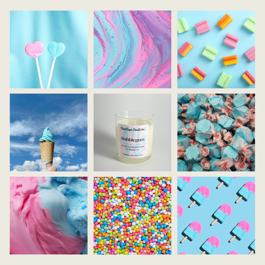 Collage of images featuring bubblegum-themed products and colors.