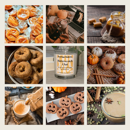 Moodboard of images featuring fall-themed items including pumpkins, donuts, cookies, and a candle.