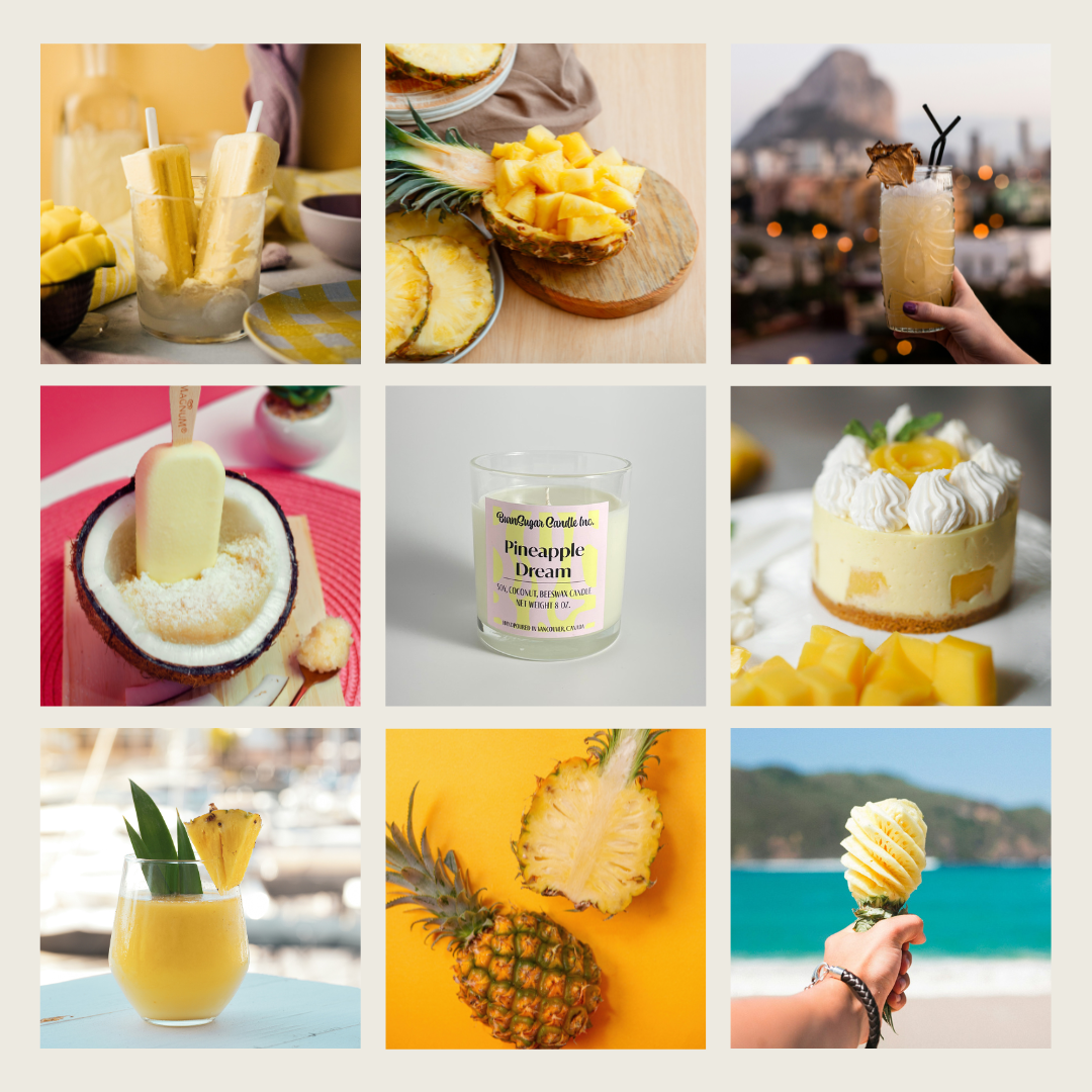 Collage of pineapple-themed drinks and desserts that resemble the Pineapple Dream Candle