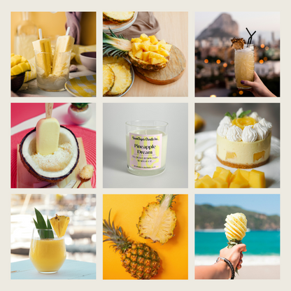 Collage of pineapple-themed drinks and desserts that resemble the Pineapple Dream Candle