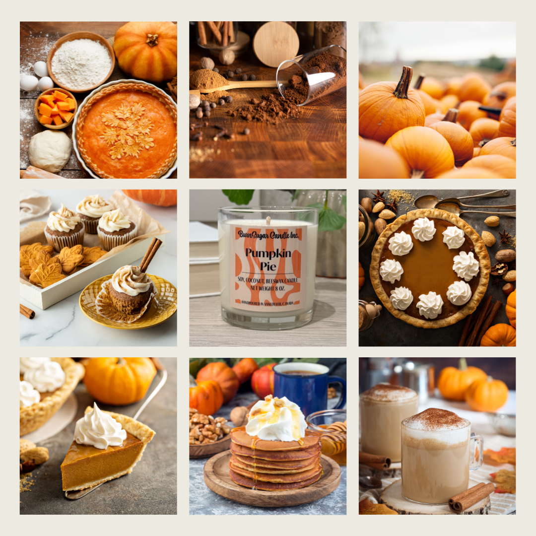 Moodboard of pumpkin-themed items including pie, cupcakes, and a candle.