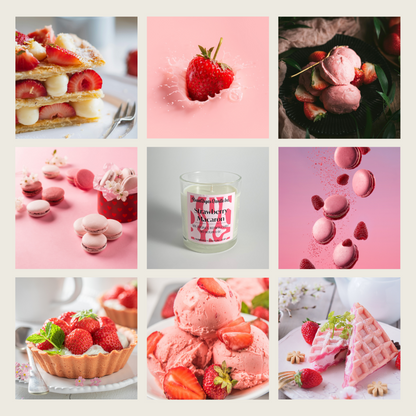 Collage of strawberry-themed desserts and a candle on a light pink background