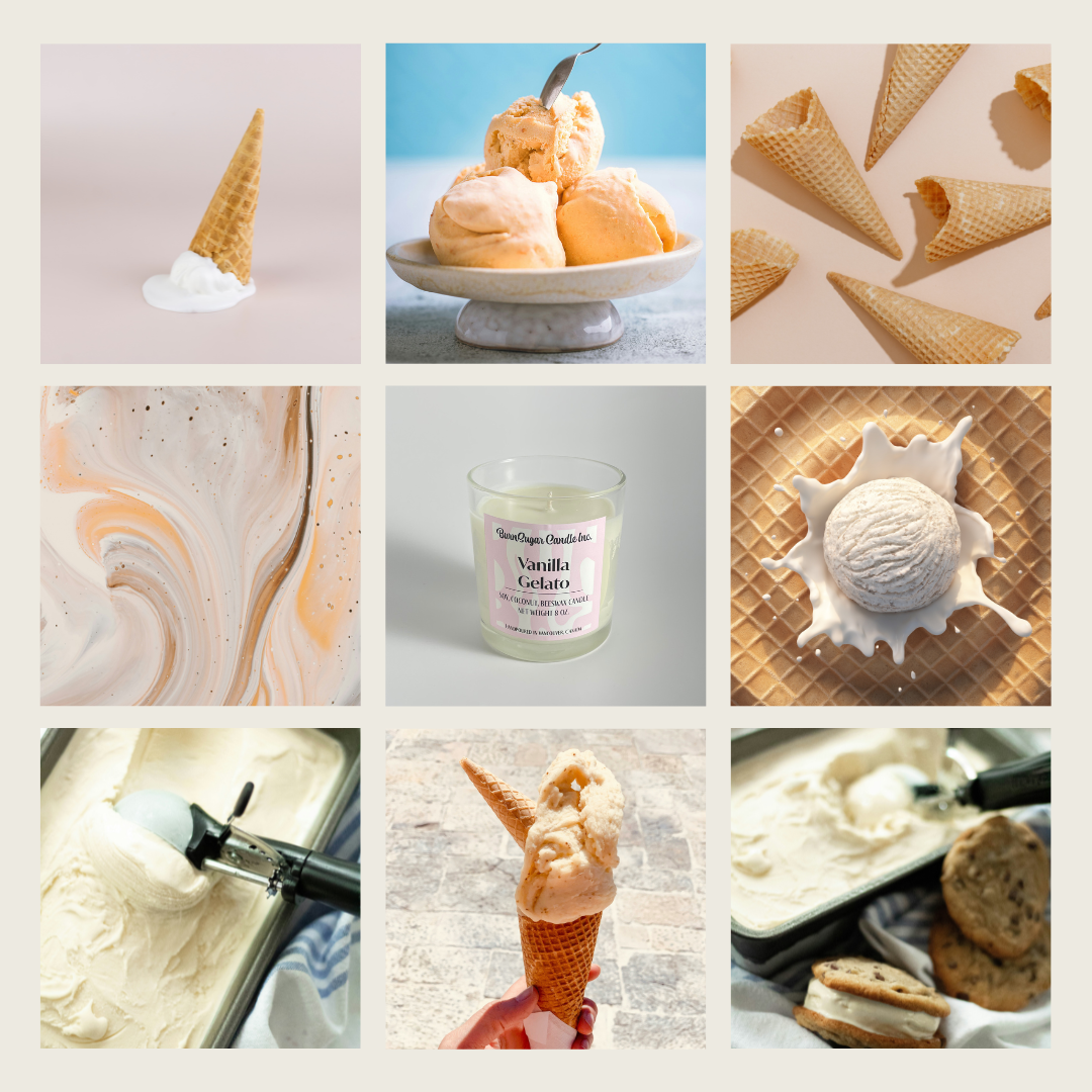 Collage of images featuring vanilla ice cream and related products.